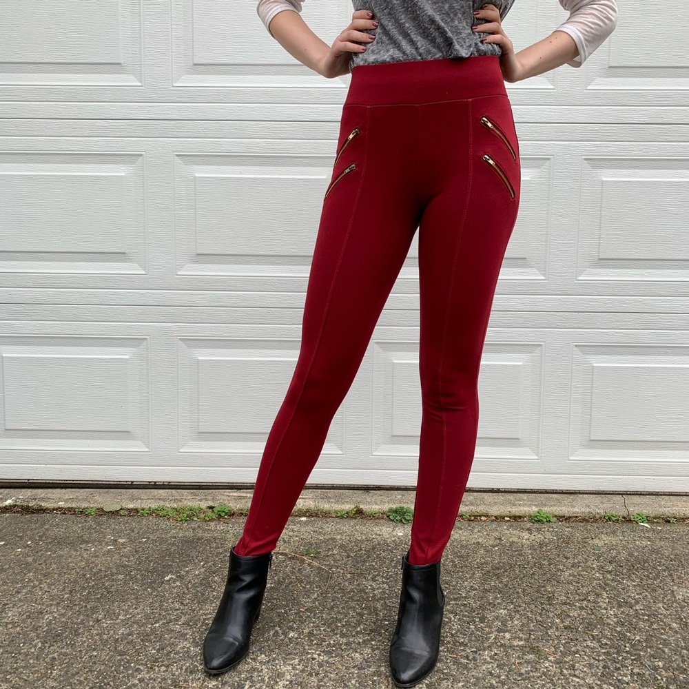 Maroon Leggings with Gold Zippers